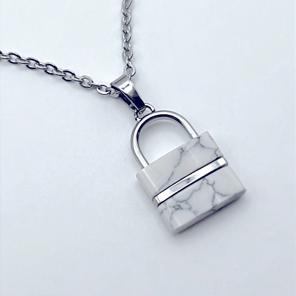 LAST ONE! 14KP White Gold + Real White Buffalo Turquoise Lock Necklace